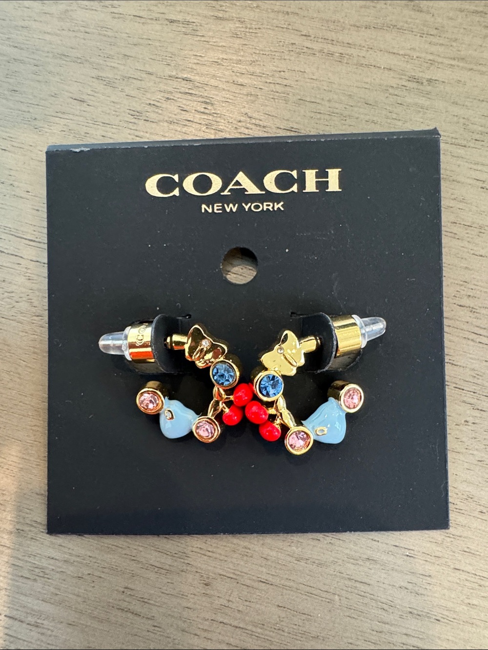 Coach Gold-Tone Multicolor Ear Jacket Earrings with Blue Enamel & Red Beads